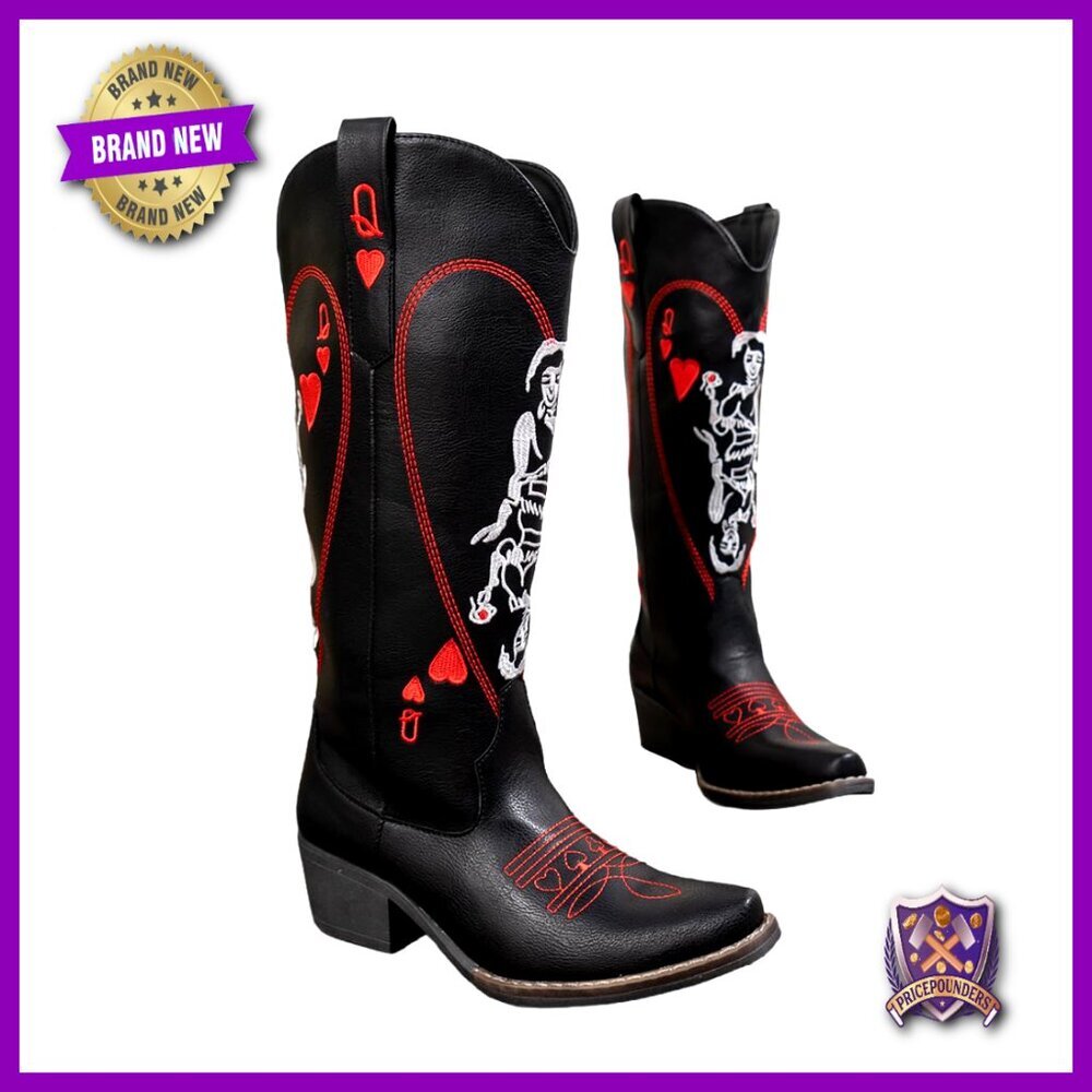 Vintage Embroidered Riding Boots Western Cowboy Slip-On Block Heel